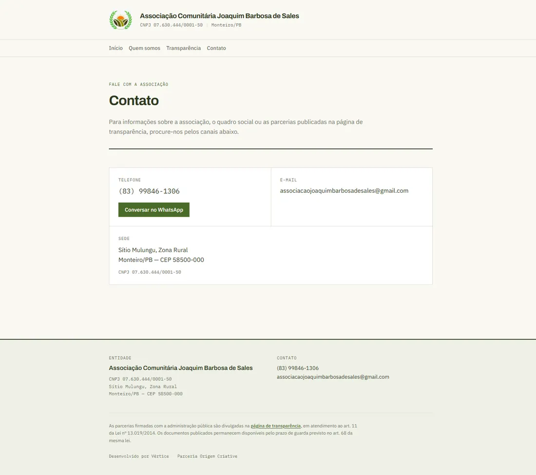 Página de contato da Associação com telefone, botão de WhatsApp, e-mail e endereço da sede no Sítio Mulungu.